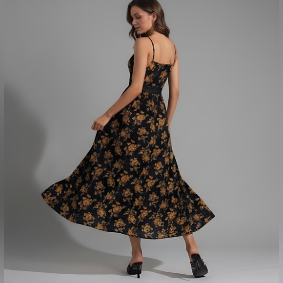 Black Boho Floral Print Split Thigh Cami Dress - Picture 2 of 9